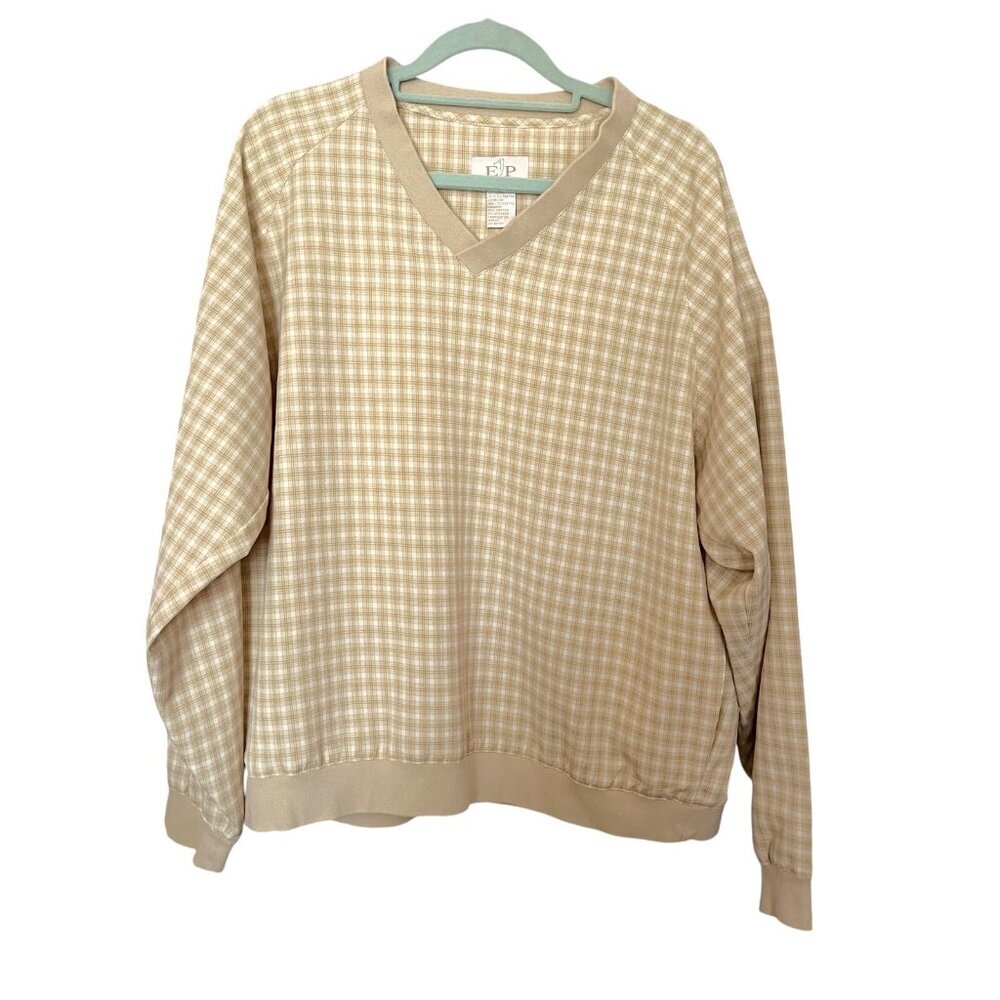 EP Pro Golf Cream Beige Plaid Crew Neck Pullover Light Sports Jacket Mens L EUC